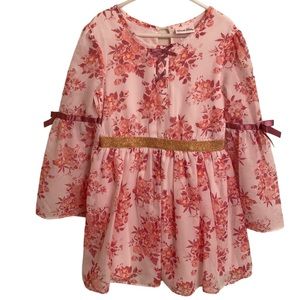 LITTLE LASS Spring Floral Print L/S Gold Elastic Waist Band Girl's Dress Size 6X